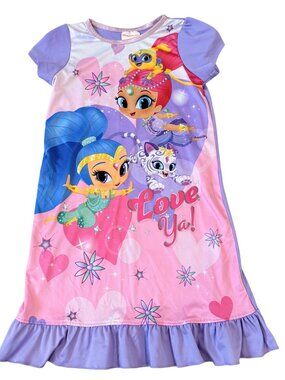 Shimmer & Shine Girls Nightgown Size 8 Nickelodeon Purple Pink Short-Sleeve Ruff